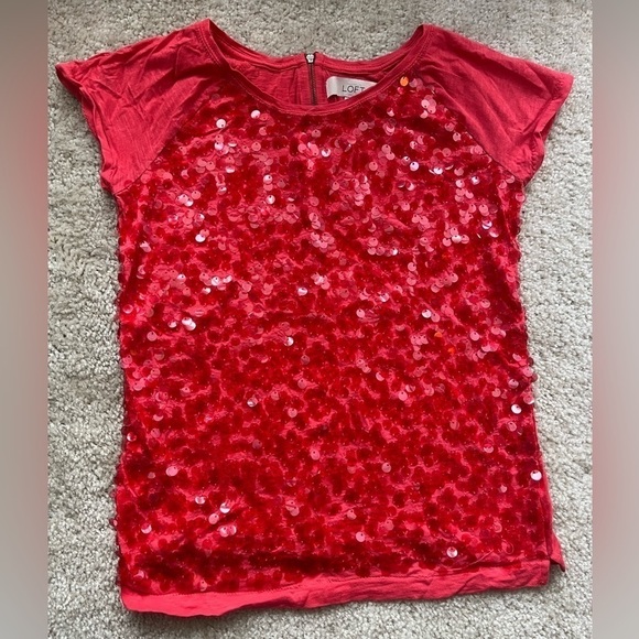 LOFT Red Sequin Short Sleeve Top - Picture 2 of 5